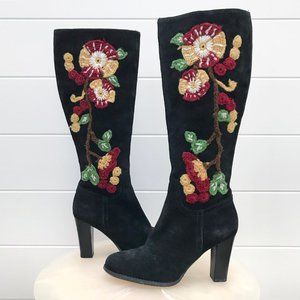 NWOT Suede Embroidered Flowers Knee-High Boots